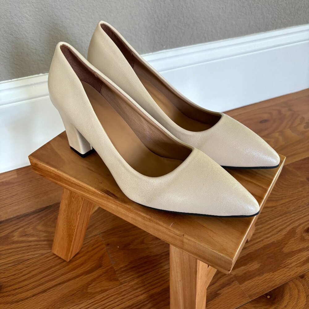 Chunky Platform Point Toe Heels - beige neutral, elegant pumps, low kitten heel